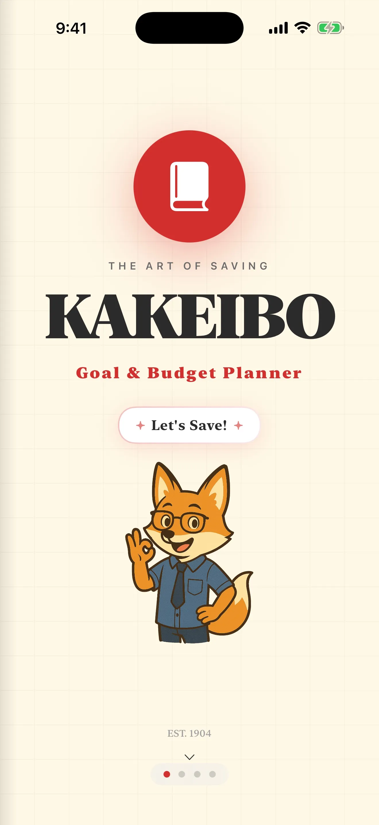 The Kakeibo app opening screen, with the wordmark and the year the method was first published