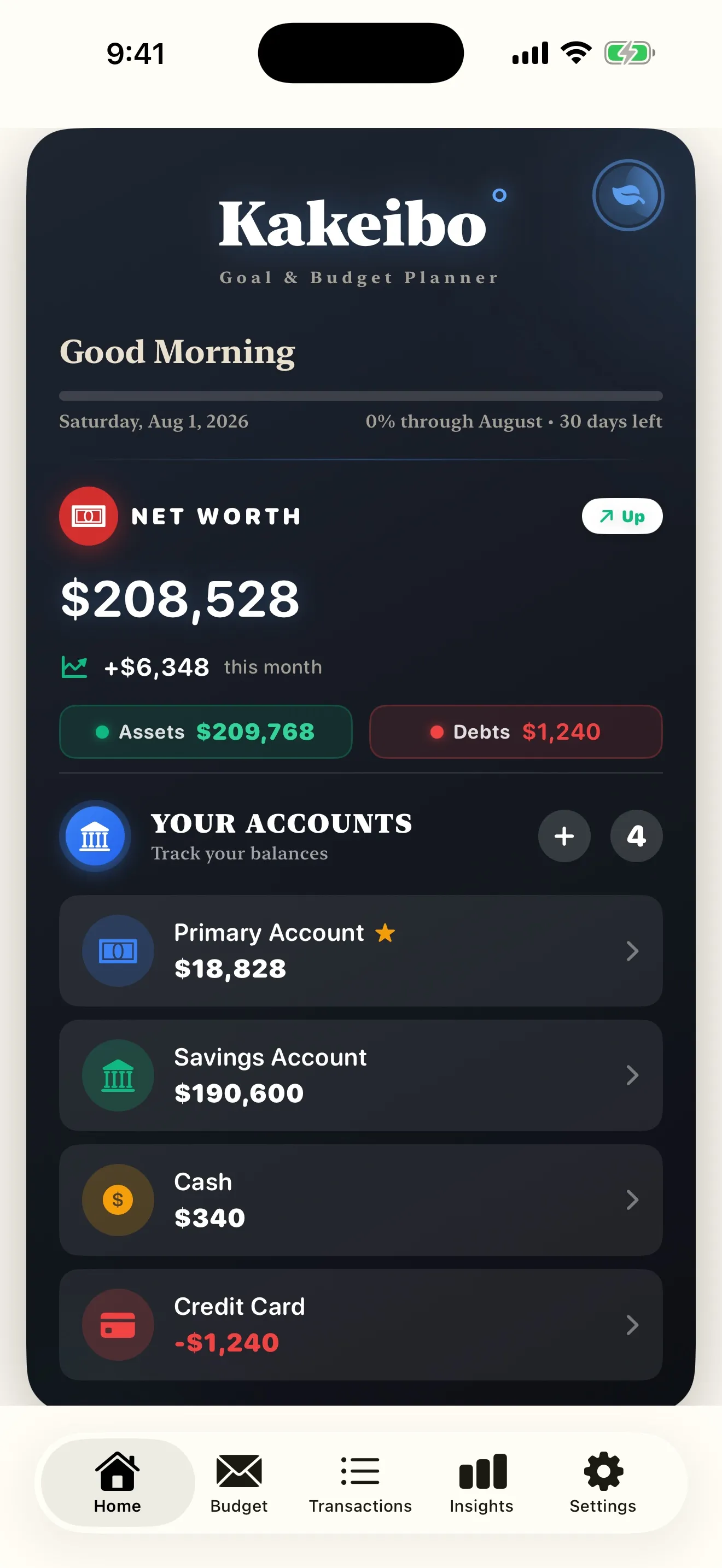 The Kakeibo app home screen showing net worth, accounts and progress through the month