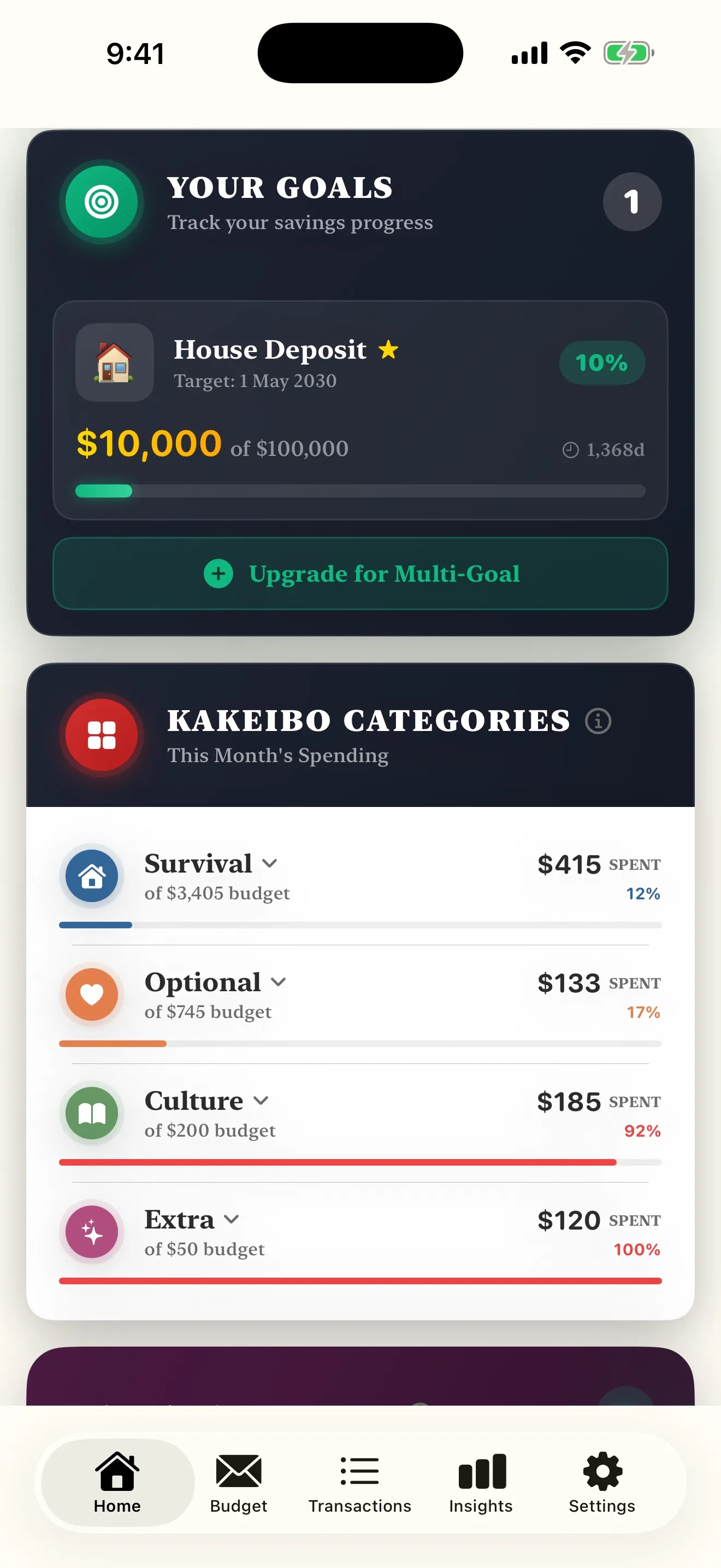 The Kakeibo app monthly budget screen with income, expenses and a savings goal